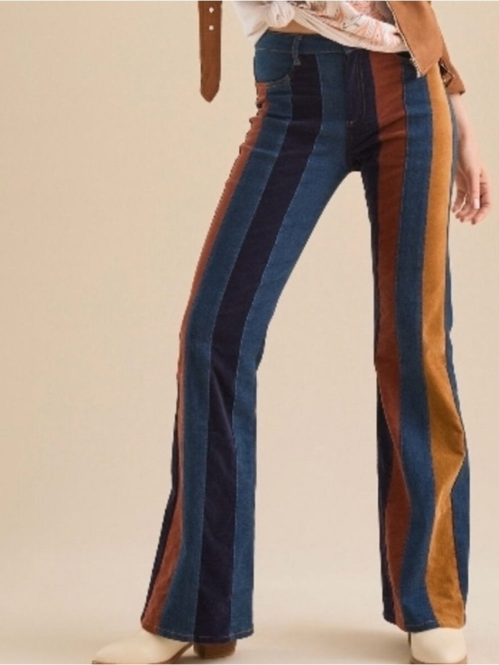 NWOT Altar'd State Vertical Stripe Flare Jeans in Mustard & Navy